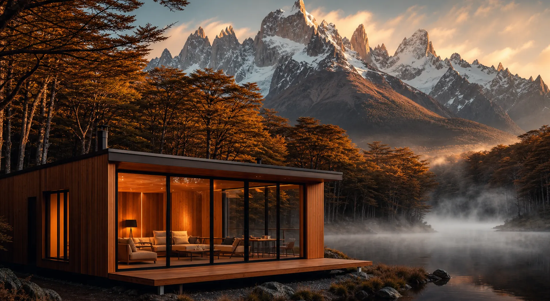 Cabaña premium junto a un lago y montañas de la Patagonia en Coyhaique